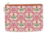 Quilted pouch with a floral tile pattern in red, pink, and green.