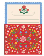 Floral stationery take note tabs with a folk pattern on a red background.

