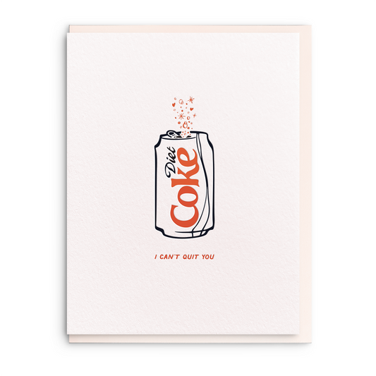 Letterpress Valentine card featuring a Diet Coke can by Paper Baristas, with hand-lettered text and hearts.