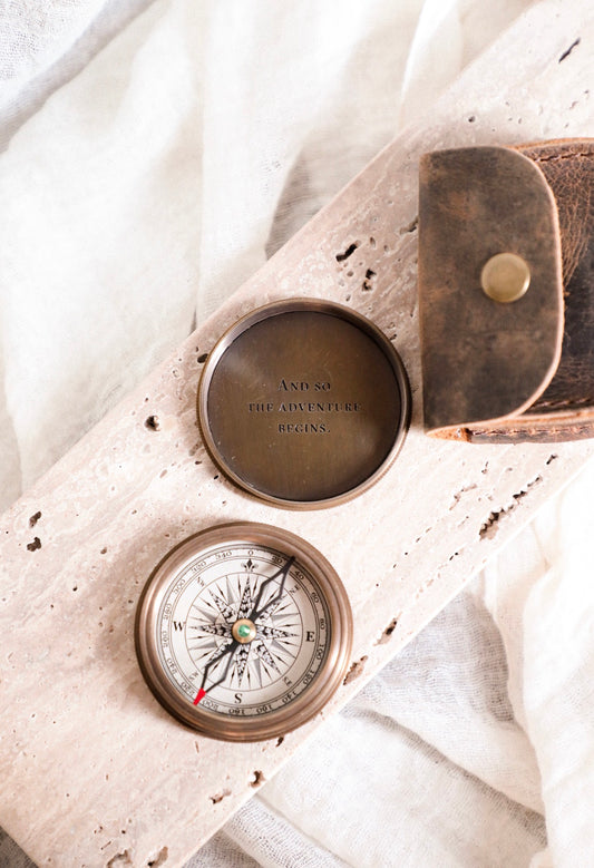 The Adventure Begins Compass with Leather Pouch