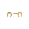 Gold horseshoe stud earrings with diamond accents by unknown vendor on a white background.