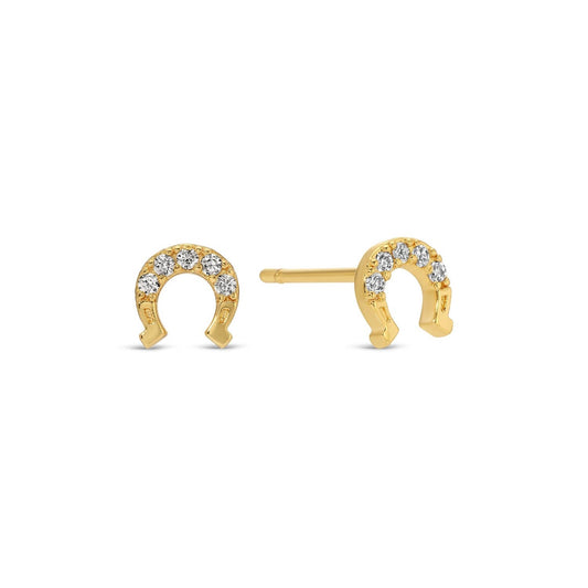 Gold horseshoe stud earrings with diamond accents by unknown vendor on a white background.