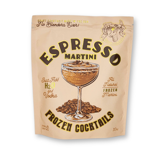 Espresso Martini Frozen Cocktail from Noble Mick's, displayed in a brown bag with an illustrative cocktail image.