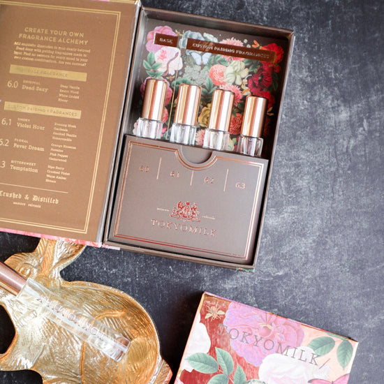 Fragrance alchemy kit by TokyoMilk, with rose gold accents and floral packaging design.
