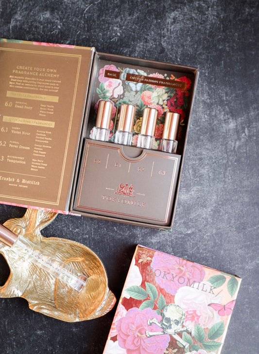 Fragrance alchemy kit by TokyoMilk, with rose gold accents and floral packaging design.