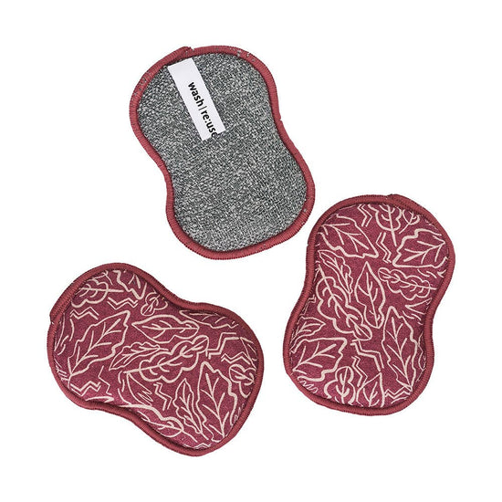 Set of three reusable sponges by ZW Blustry Day, with one gray and two wine colored with a leaf pattern.