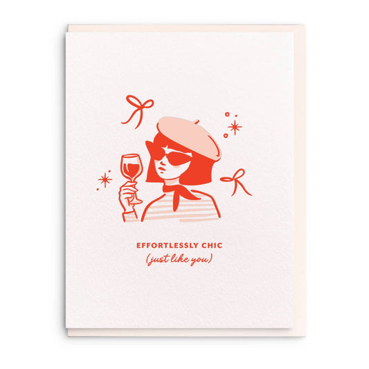 Friendship greeting card with an "Effortlessly Chic" design by Letterpress, featuring a woman in a beret and sunglasses holding a wine glass.