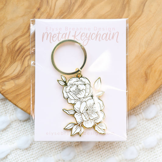 Line Drawn Peonies Metal Keychain