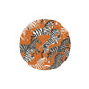 Round coaster with a zebra pattern by M Galante, featuring white, black, and gray tones on an orange background.
