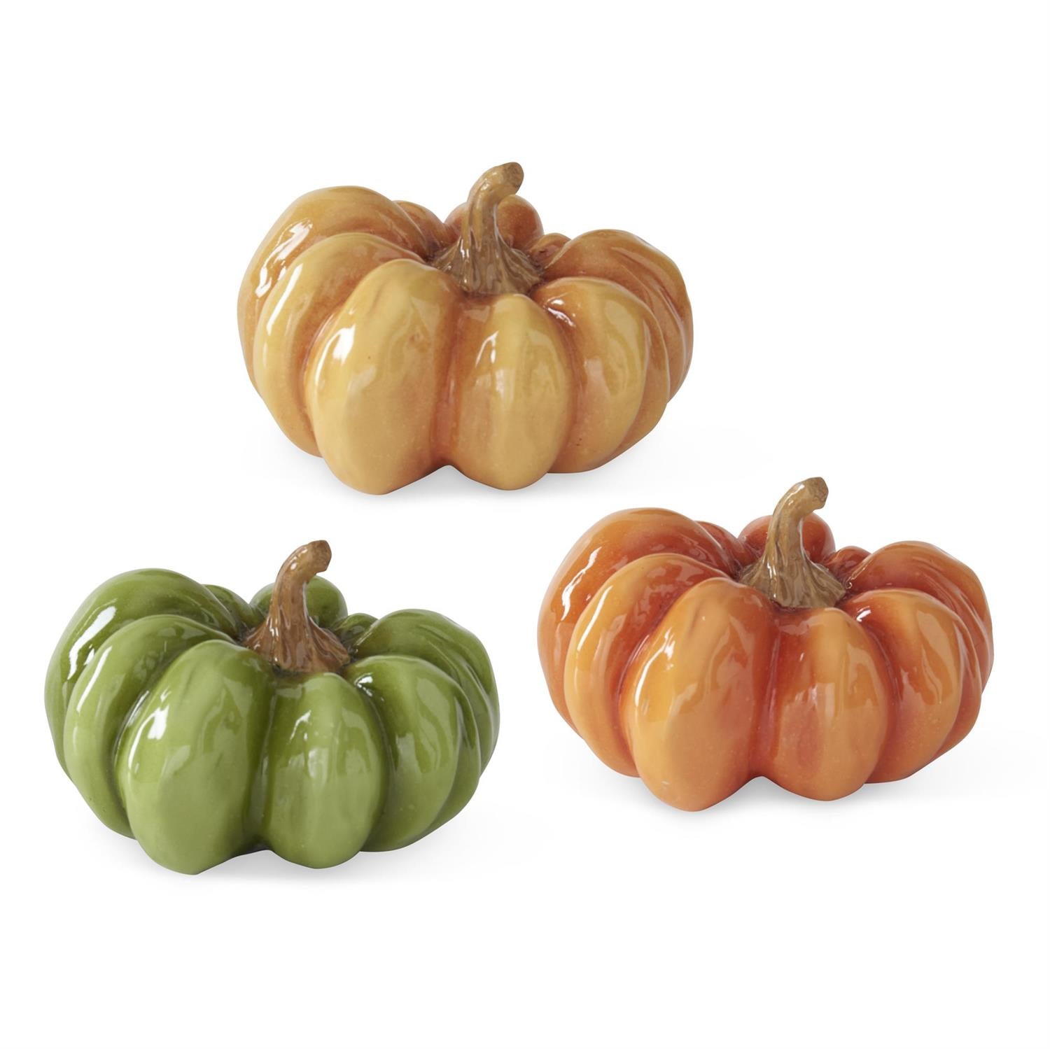 Set of three resin pumpkins by CWI Gifts with fall-inspired colors and a glossy finish.
