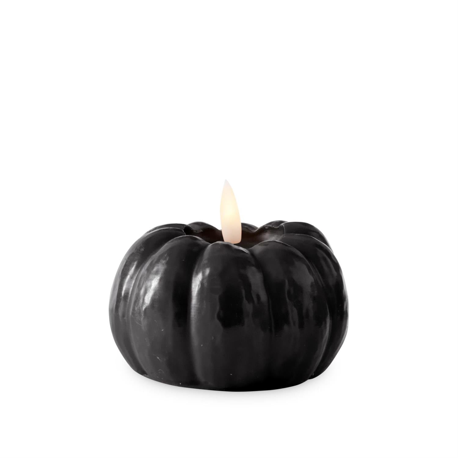 Black wax LED pumpkin by Creative Co-op, illuminated with an artificial candle flame.