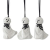Set of three white ceramic ghost ornaments with black bows by Accent Decor.