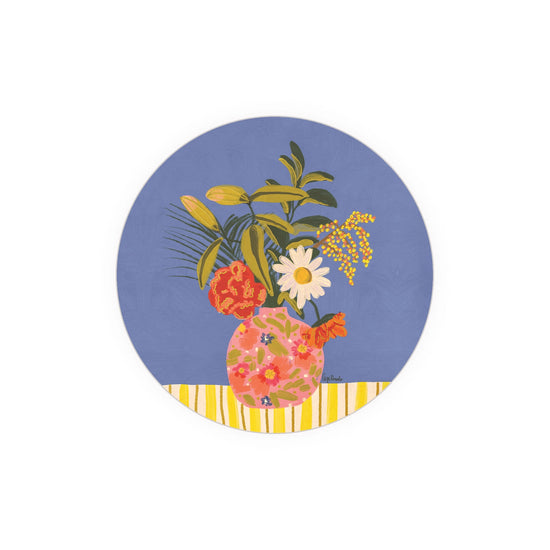 Floral coasters by Gigi Rosado with yellow striped pattern and circular blue background.