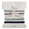 Set of blue hair tie bracelets by K'Lani with silver hexagon charm, braids, and dot accents.