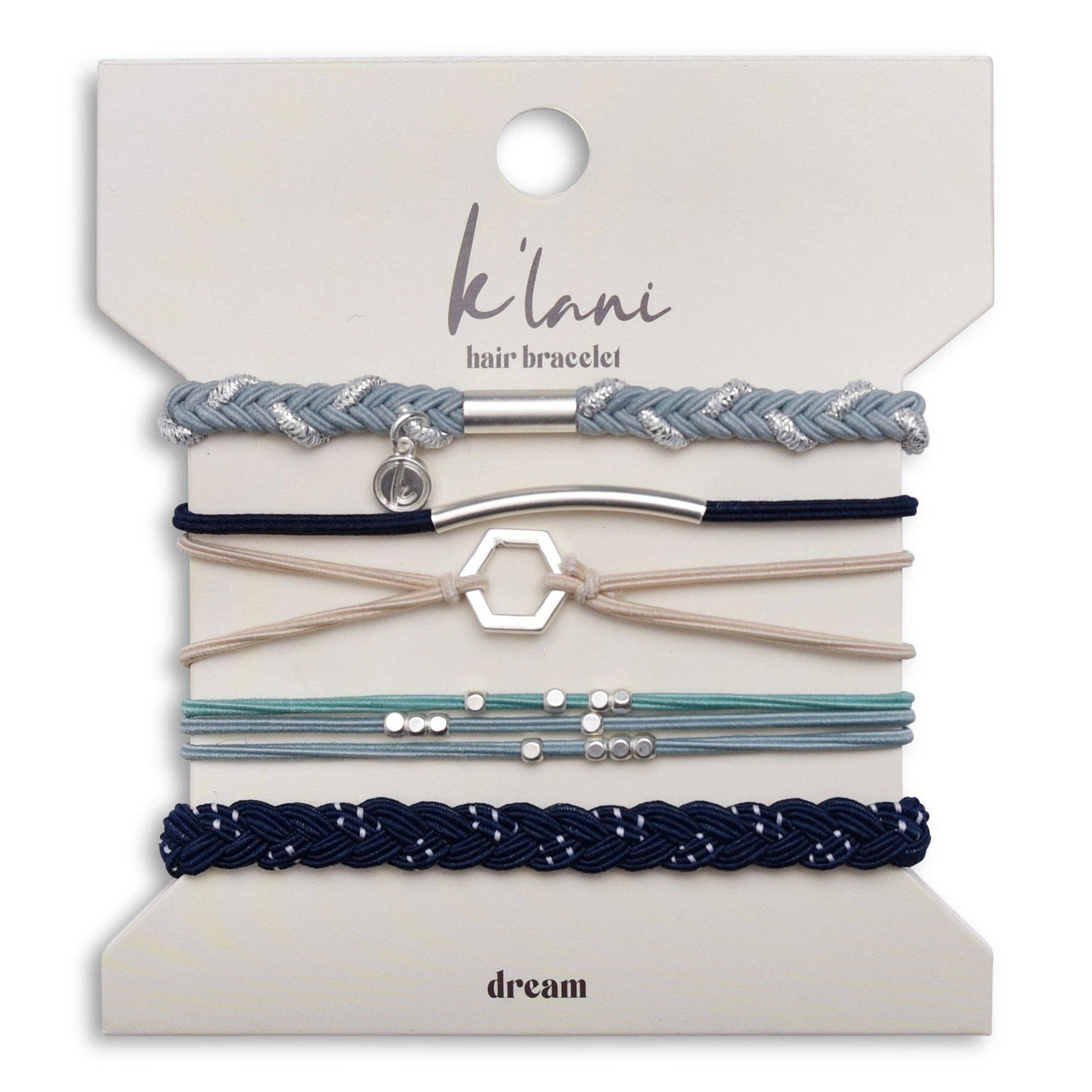 Set of blue hair tie bracelets by K'Lani with silver hexagon charm, braids, and dot accents.