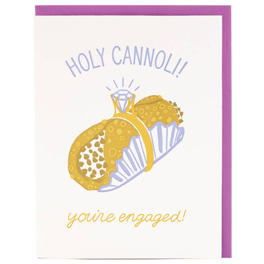 Engagement card featuring cannoli with ring illustration, from Twentysome Design, on a purple background.