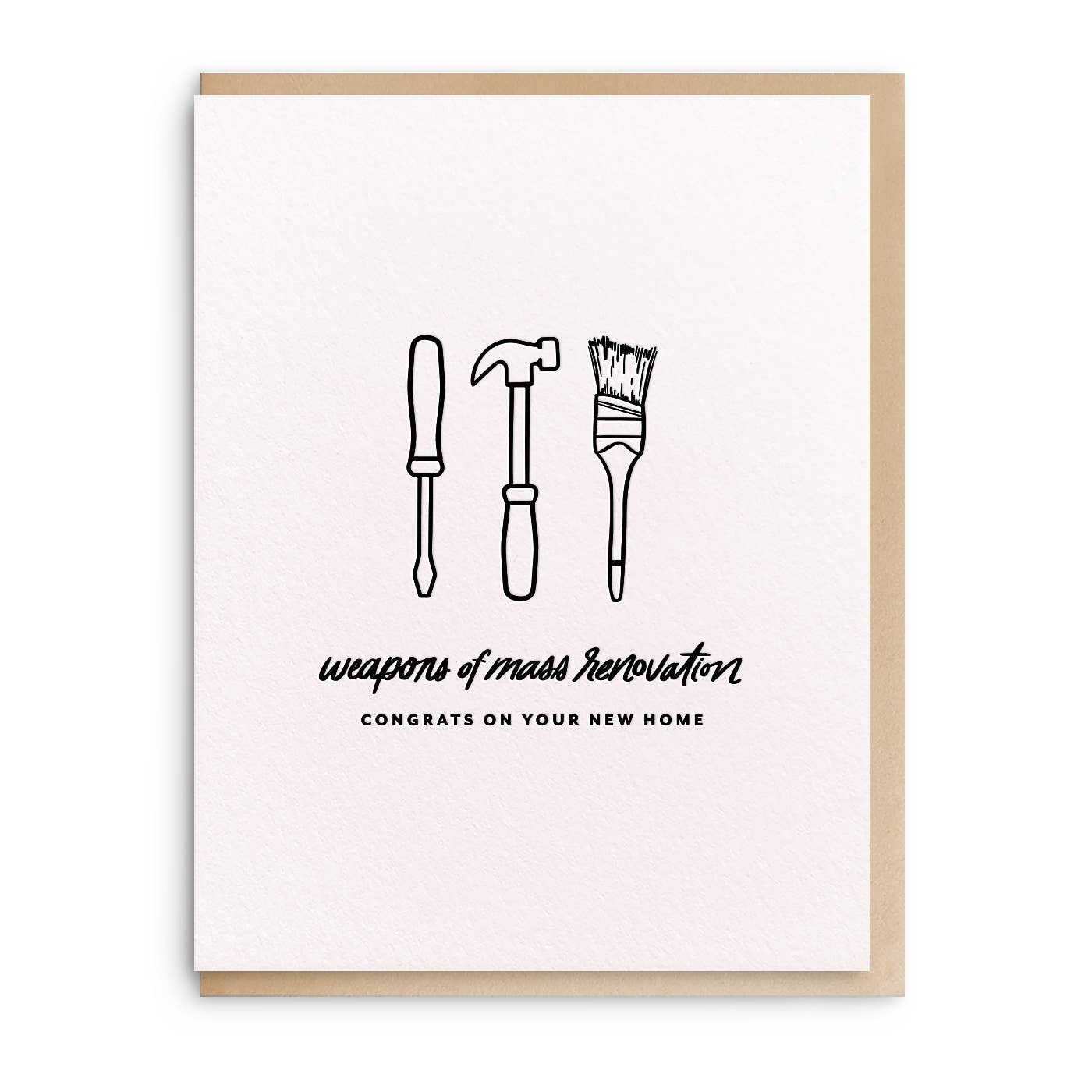 Letterpress new home card with tools illustration by Smitten on Paper, featuring a brown border.