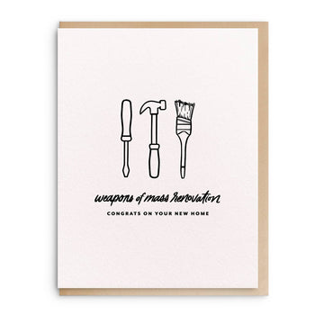 Letterpress new home card with tools illustration by Smitten on Paper, featuring a brown border.