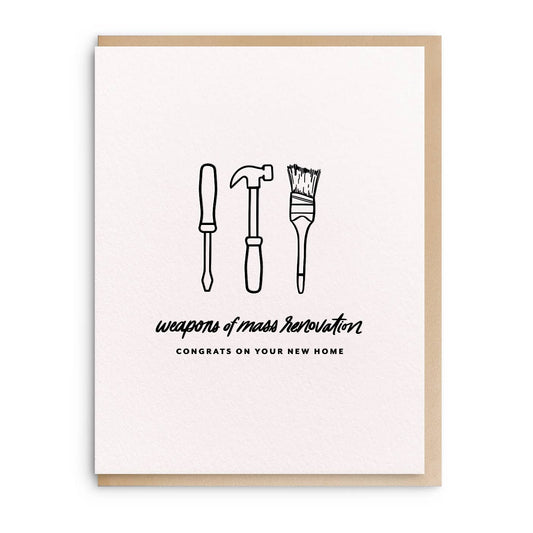 Letterpress new home card with tools illustration by Smitten on Paper, featuring a brown border.