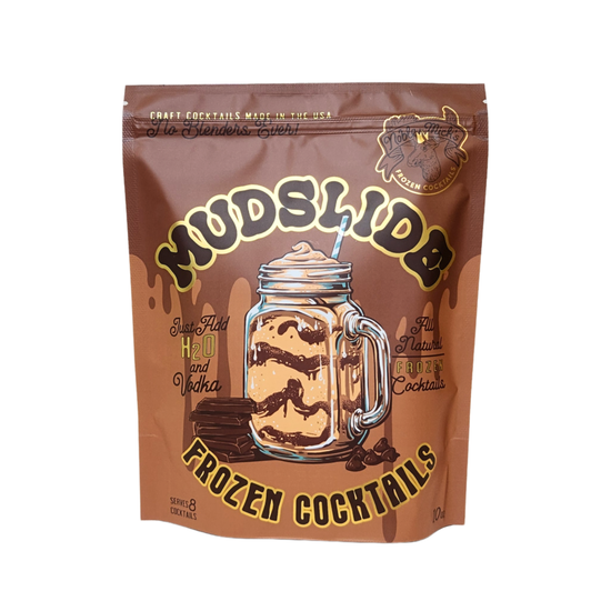 Mudslide frozen cocktails by Noble Mick's, in a brown pouch with cocktail image, chocolate bar, and chocolate chips.
