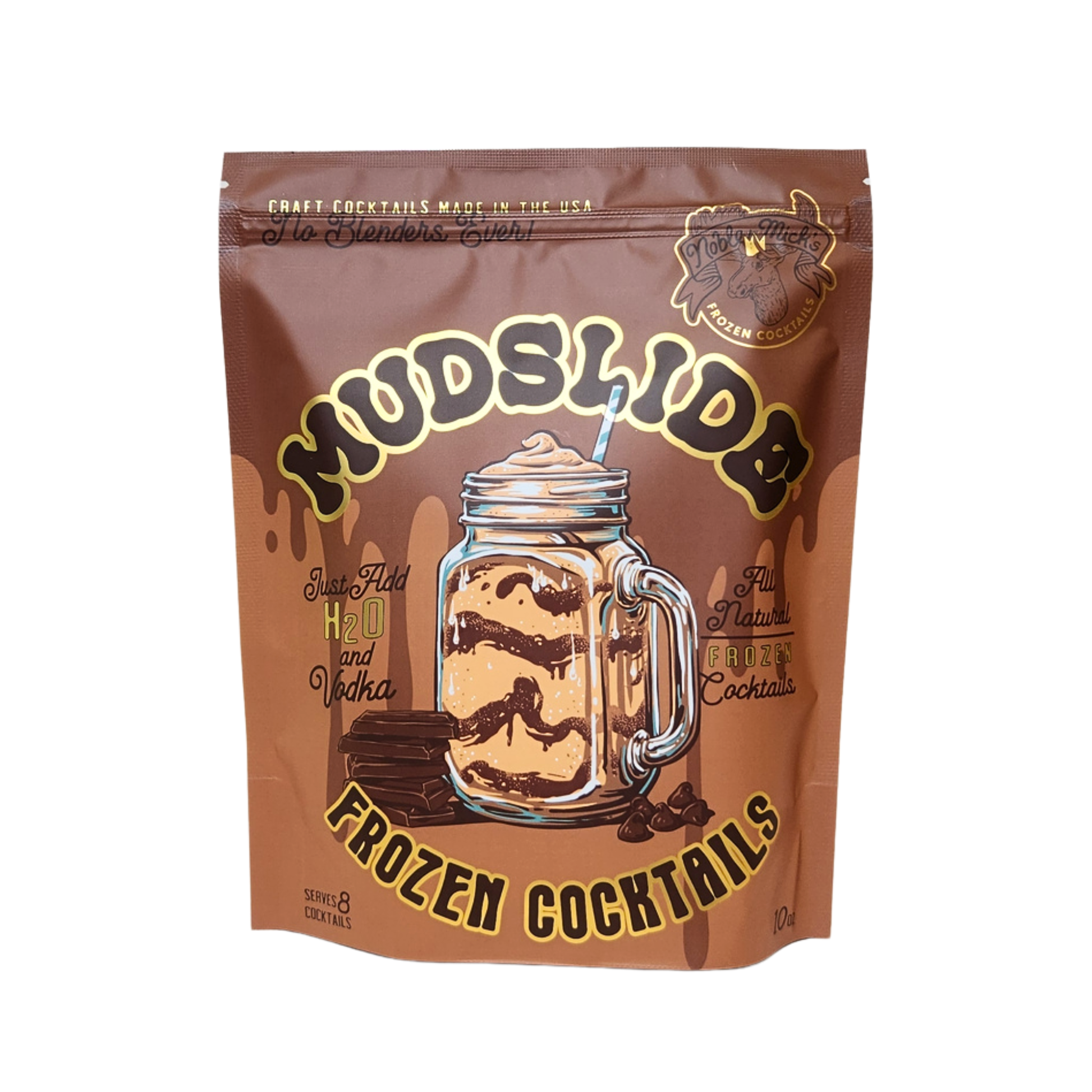 Mudslide frozen cocktails by Noble Mick's, in a brown pouch with cocktail image, chocolate bar, and chocolate chips.
