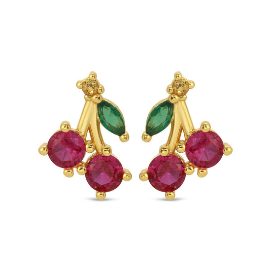 Cherry stud earrings with red and green gemstones on a gold metal setting.