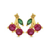 Cherry stud earrings with red and green gemstones on a gold metal setting.