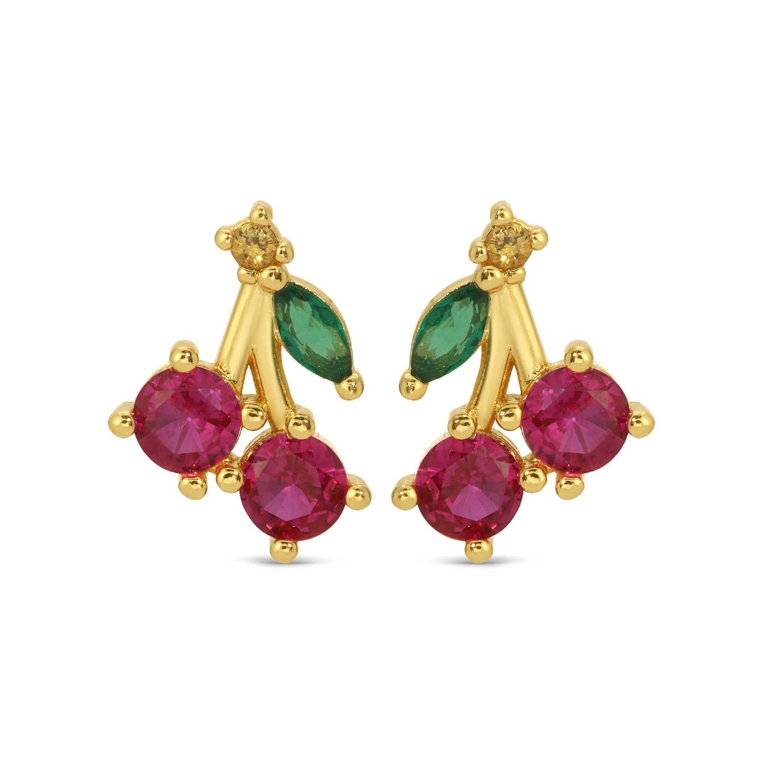 Cherry stud earrings with red and green gemstones on a gold metal setting.