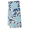 Reversible navy towel by Peking Handicraft with a light blue floral and bird pattern.