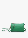 Emerald crossbody wristlet with three compartments, from an unknown brand, featuring gold hardware.
