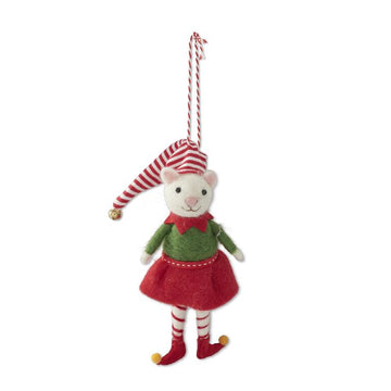 Wool cat Christmas ornament by The W Collection with striped hat, green shirt, and red skirt.