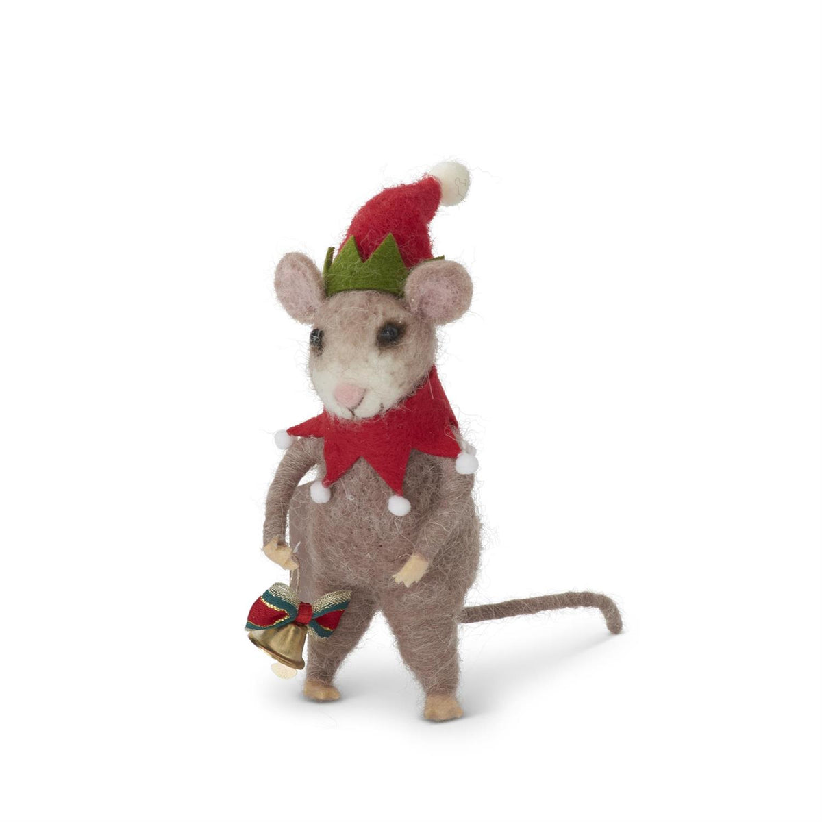 Wool mouse Christmas decoration by Cody Foster, wearing a red hat and holding a bell.