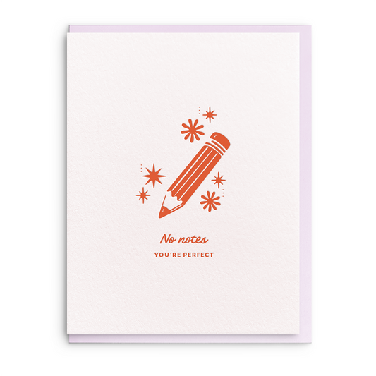 Greeting card stationery with a 'No Notes' design by an unknown brand, featuring an illustration of a pencil and stars.