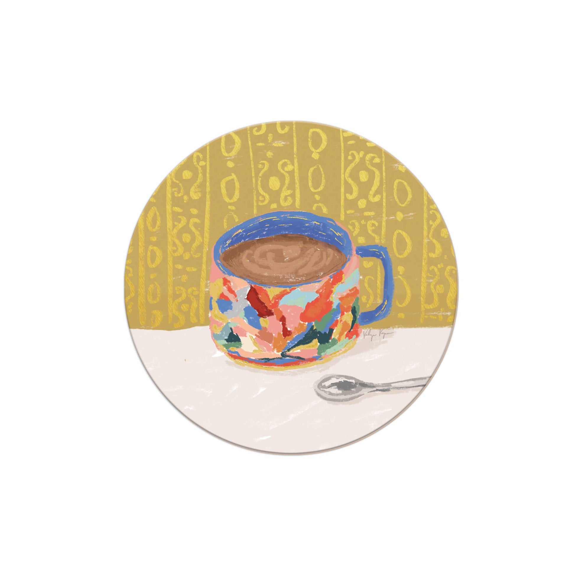 Round decorative coaster with colorful mug illustration from Seedlings, featuring patterned background.