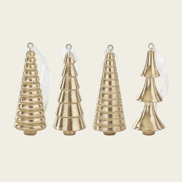 Gold tree ornaments by Christmas, each with a different shape and a white ribbon.