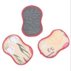 Set of three tan reusable sponges from HJ Rooted, patterned with garlic and onion designs and trimmed in coral.