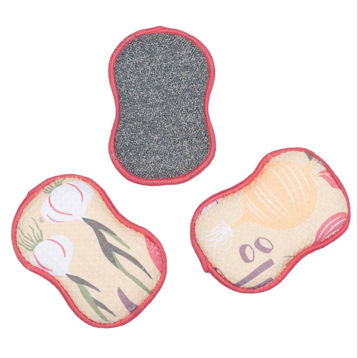 Set of three tan reusable sponges from HJ Rooted, patterned with garlic and onion designs and trimmed in coral.