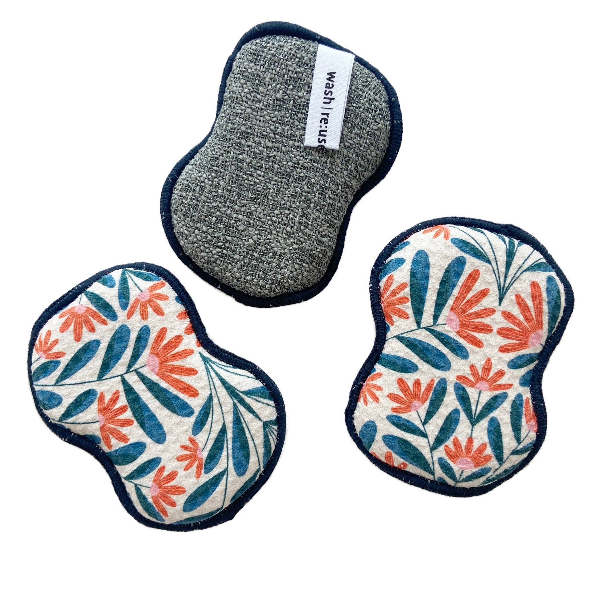 Set of three reusable sponges from RJW SFlora, with one sponge in gray and two floral patterned sponges.