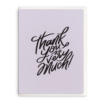 Greeting card with "Thank you very much!" in black calligraphy lettering over a lavender background.