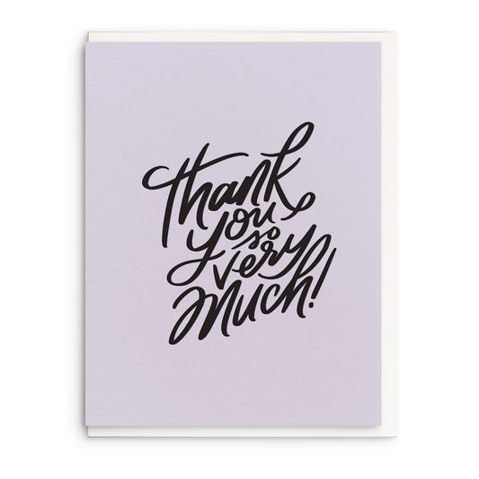 Greeting card with "Thank you very much!" in black calligraphy lettering over a lavender background.