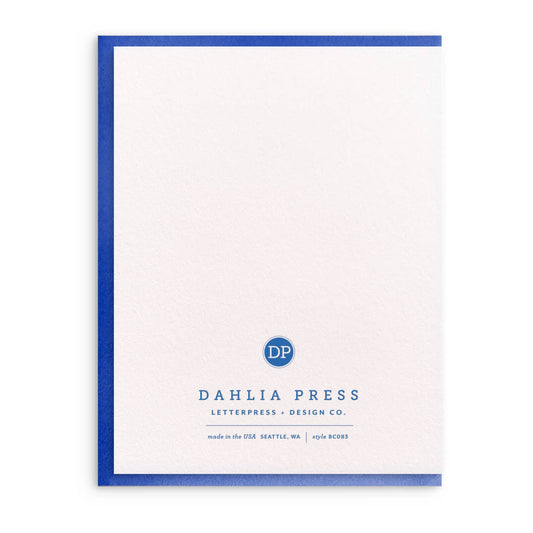 Letterpress greeting card by Dahlia Press with blue border.
