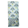 Reversible multicolor towel with HJ Sparrow bird and geometric patterns, with light blue trim.