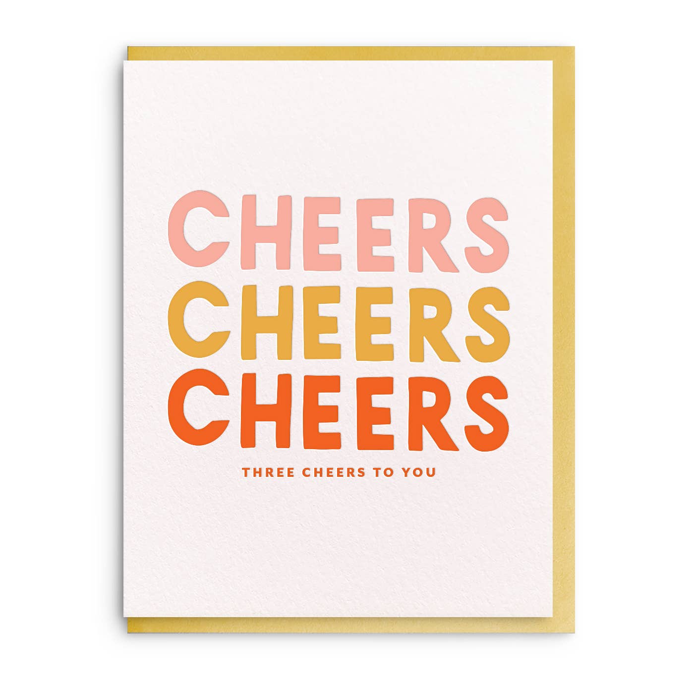 Three Cheers Letterpress Congratulations Card with a yellow border and a textured white background.