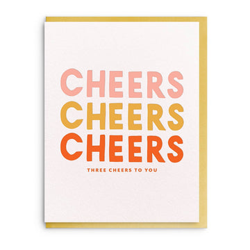 Three Cheers Letterpress Congratulations Card with a yellow border and a textured white background.