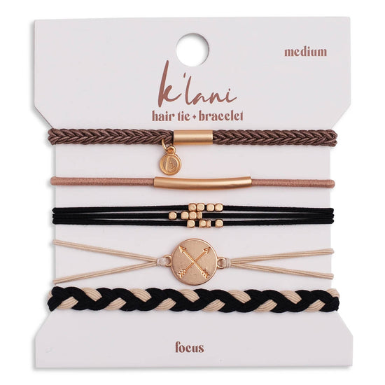 Set of five hair tie bracelets by K'Lani with assorted braids, bead accents, and a gold arrow charm.