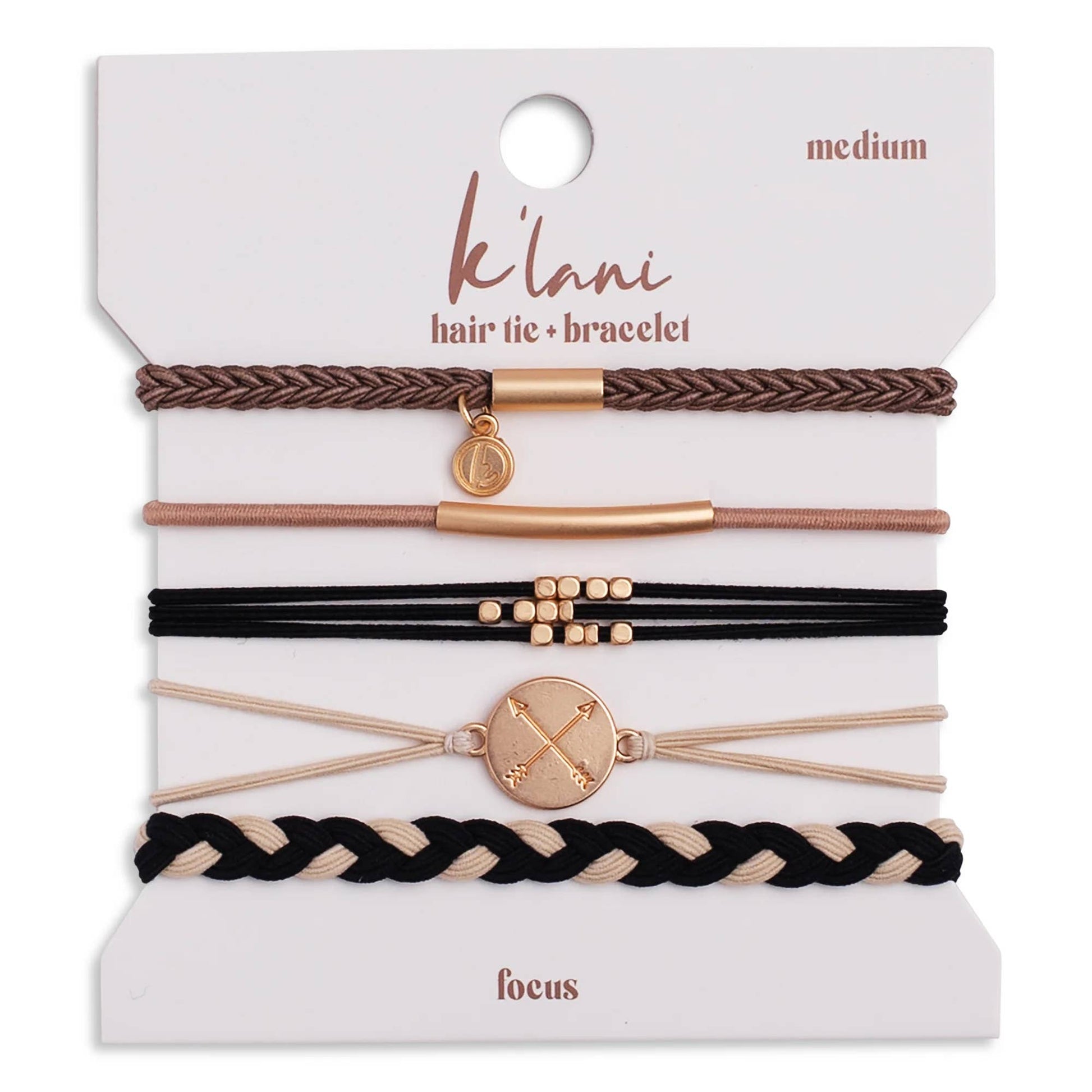 Set of five hair tie bracelets by K'Lani with assorted braids, bead accents, and a gold arrow charm.