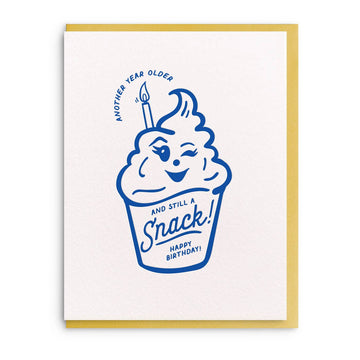 Letterpress birthday greeting card by Blackbird Letterpress featuring a blue cupcake illustration and gold border.