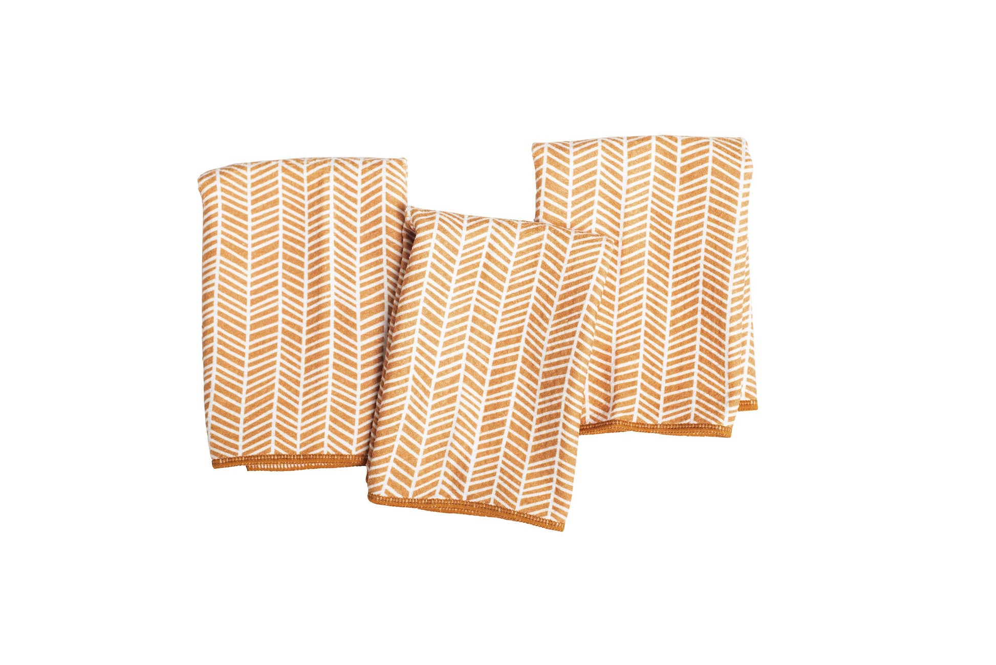 Set of three mini towels with a branches pattern in gold, featuring a hemmed edge.
