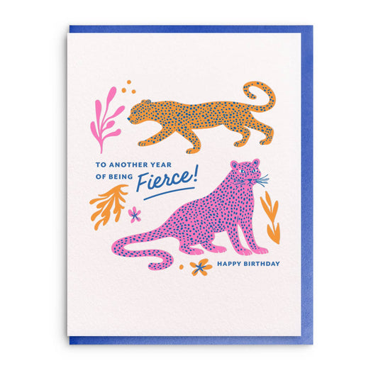 Letterpress birthday greeting card with two leopards by Knotty Thing features colorful botanical accents.