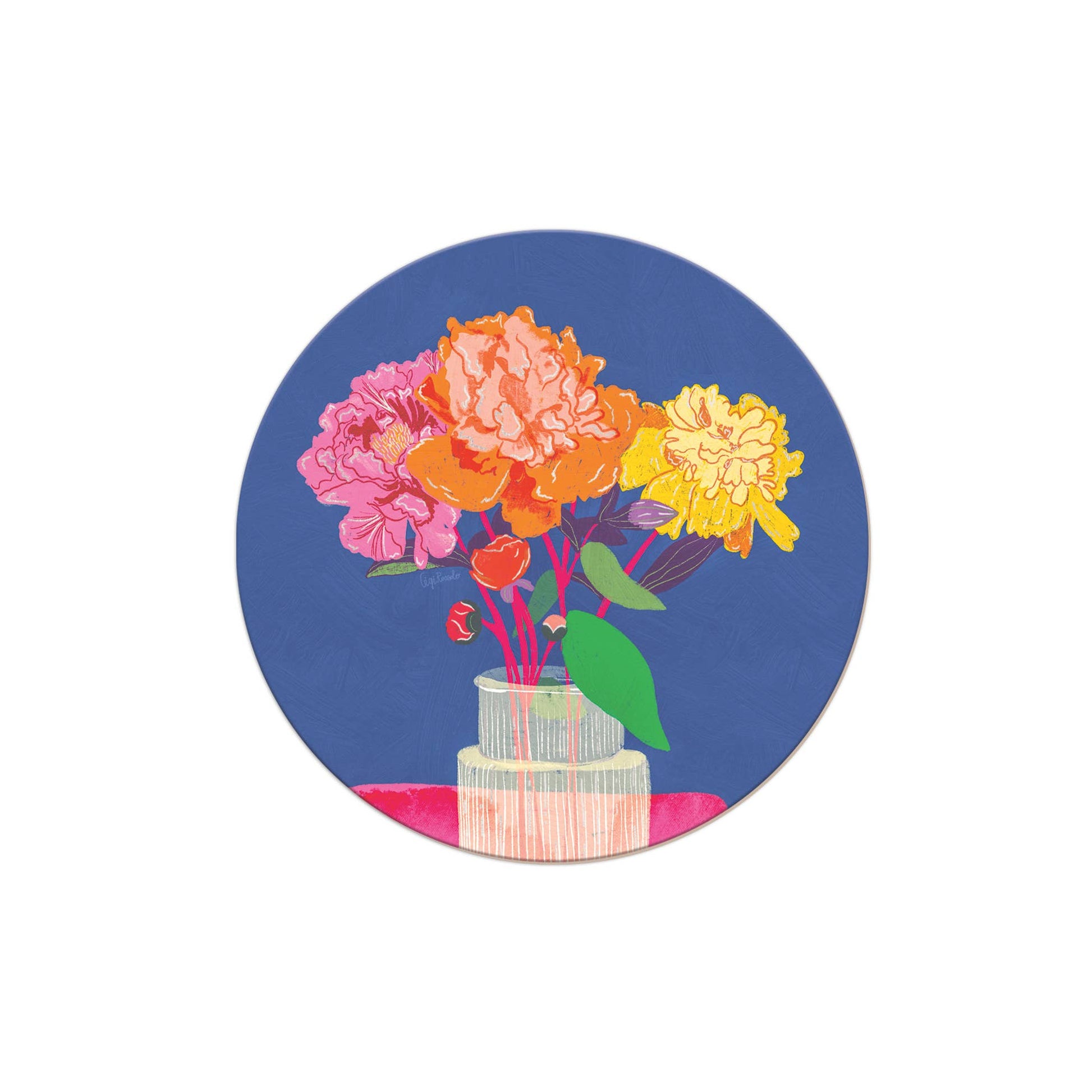 Round floral coaster with peony blossoms on a blue background.